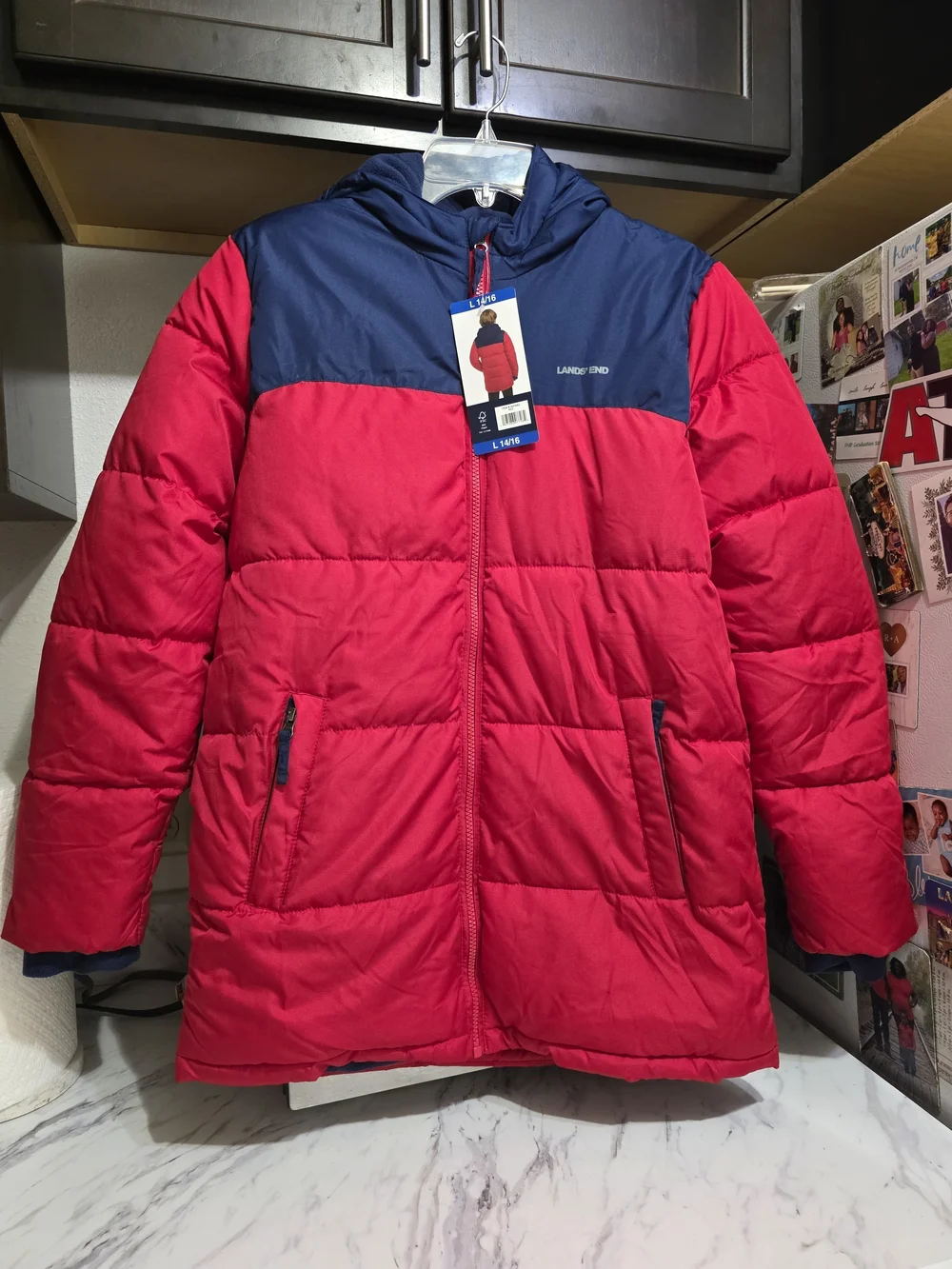 LANDS' END Kids' Red and Navy Puffer Jacket Youth 14/16